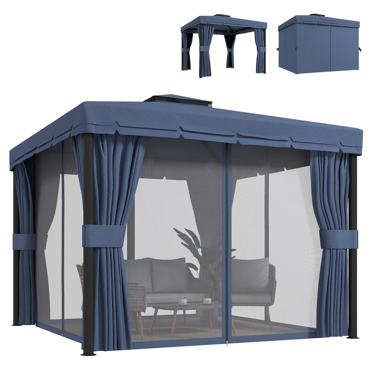 3 x 3 m Patio Gazebo with 2-Tier Roof, Netting & Curtains, Dark Blue — product view 1