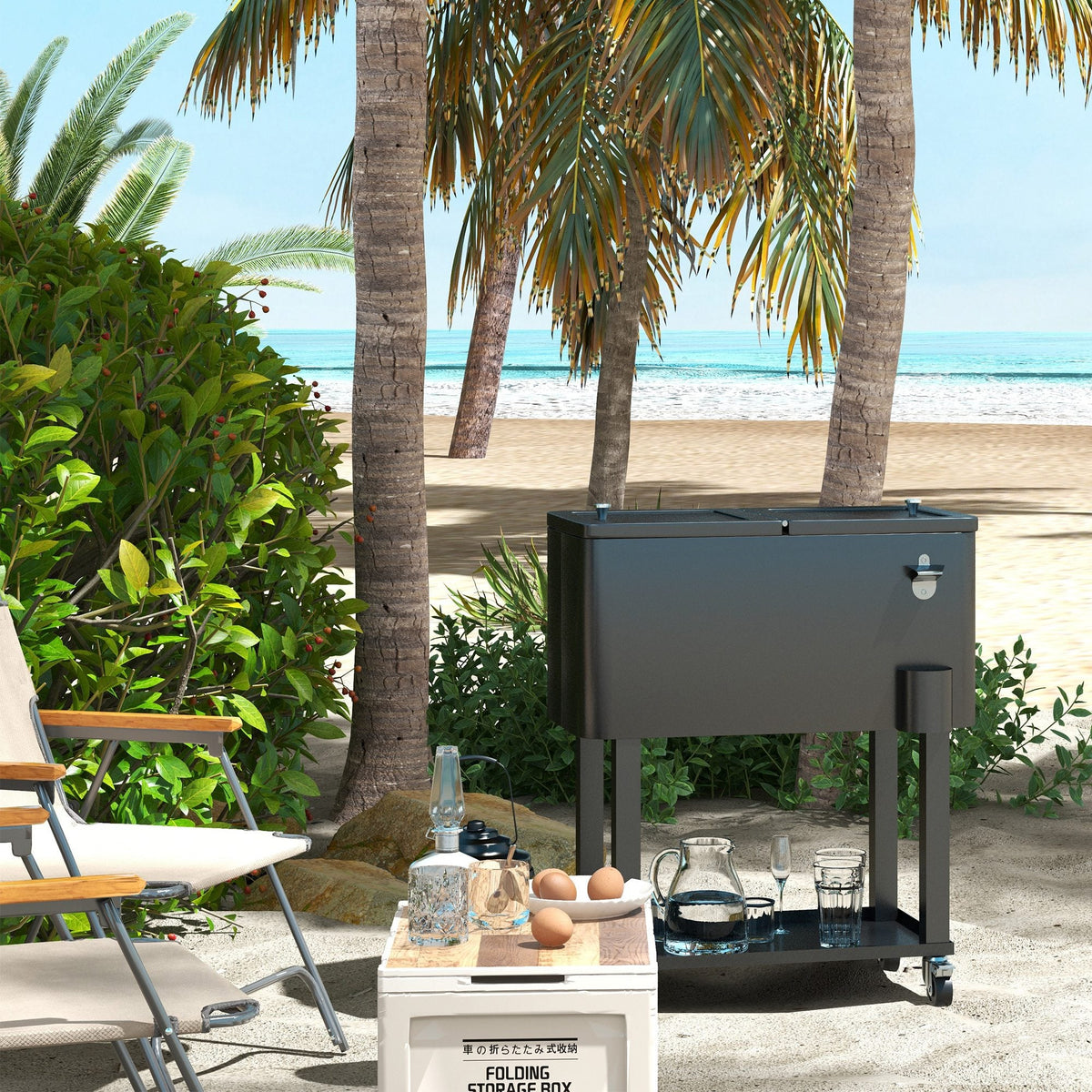 60 Quart Rolling Patio Cooler Cart with Shelf and Bottle Opener, Black — product view 4