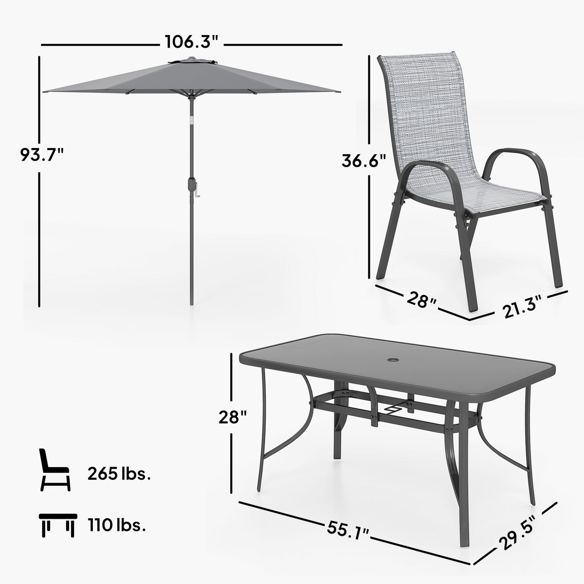 8-Piece Patio Dining Set with 9 Ft Umbrella, Mixed Gray — product view 5