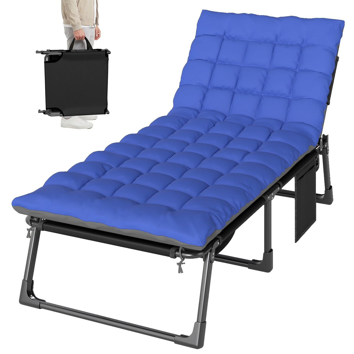 Folding Lounge Chair, 75 cm Wide with Cushion and Side Pocket, Dark Grey/Blue — product view 2