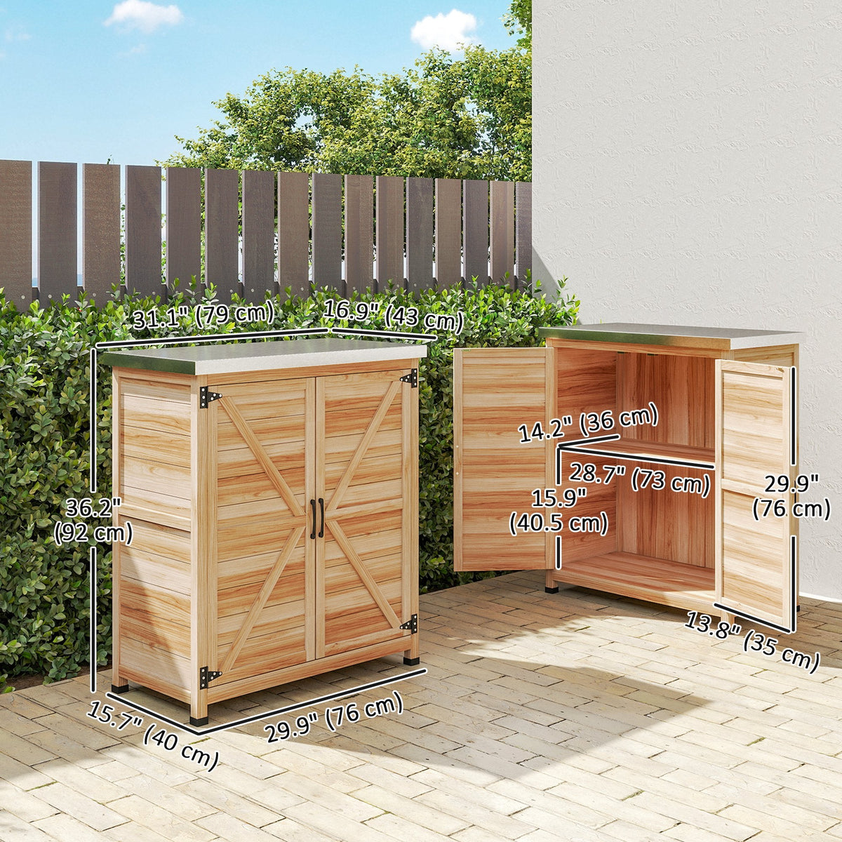 Garden Storage Cabinet with Metal Top, Shelf and Double Doors, Natural — product view 5