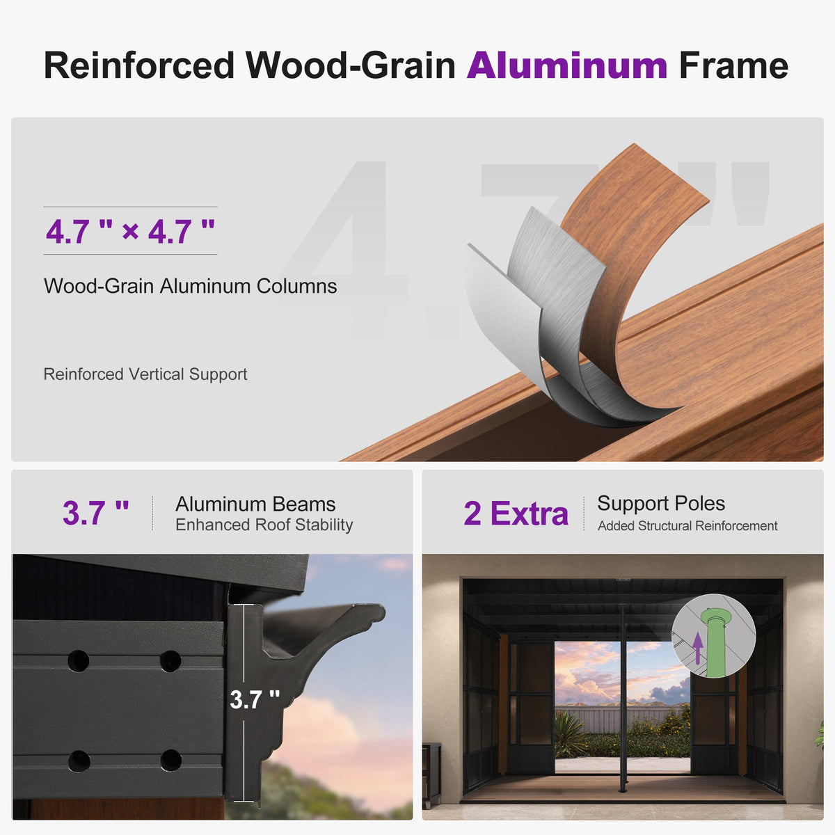 PURPLE LEAF Wall Mounted Sunroom Galvanized Steel Sloped Roof Lean-to Gazebo Aluminum Grey Frame Wood Grain Columns for Outdoor Home Extension with String Lights — product view 6