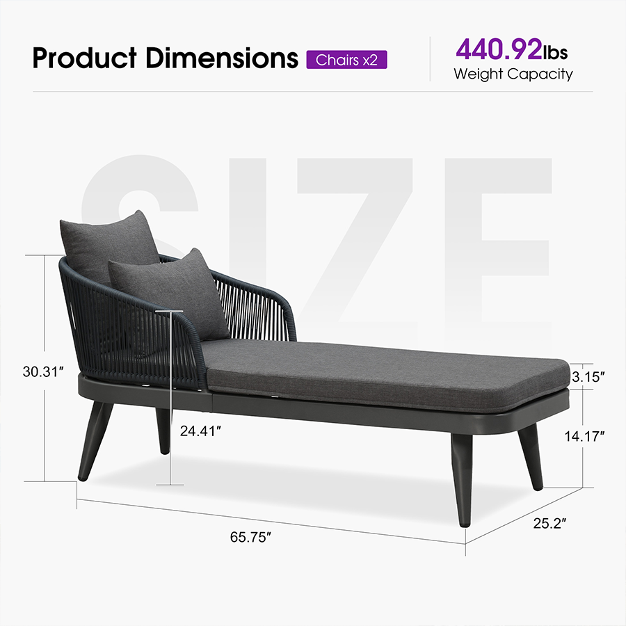 PURPLE LEAF Outdoor Chaise Lounge Thick Cushion, Aluminum Frame Patio Lounge Chair with Pillow & Lumbar Support, Wicker Armrests Sun Lounger for Poolside, Backyard, All-Weather Use — product view 3
