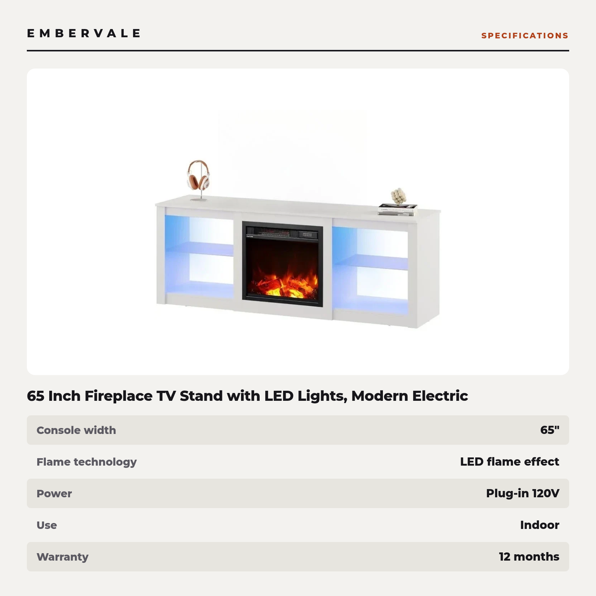 65 Inch Fireplace TV Stand with LED Lights, Modern Electric Fireplace TV Console with Storage — product view 3
