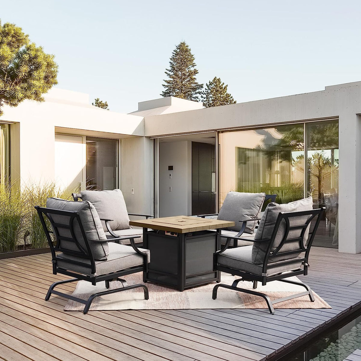 LOUNGE YARD 5 PCS Outdoor Furniture Conversation Grey Cushions Rocking Chairs Propane Gas Fire Table — product view 3
