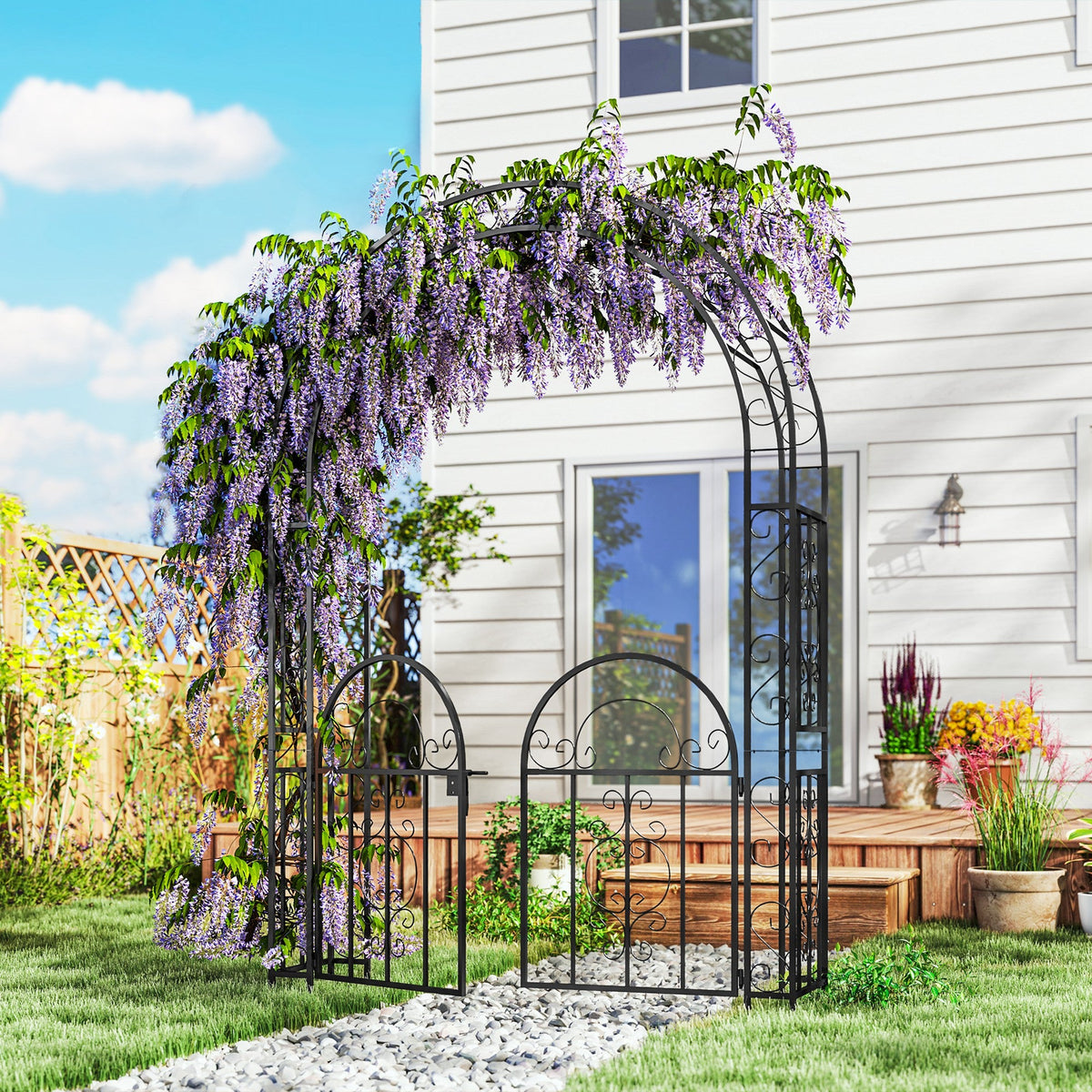 7.4ft Steel Garden Arch with Gate for Climbing Plants, Roses, Vines, Black — product view 3