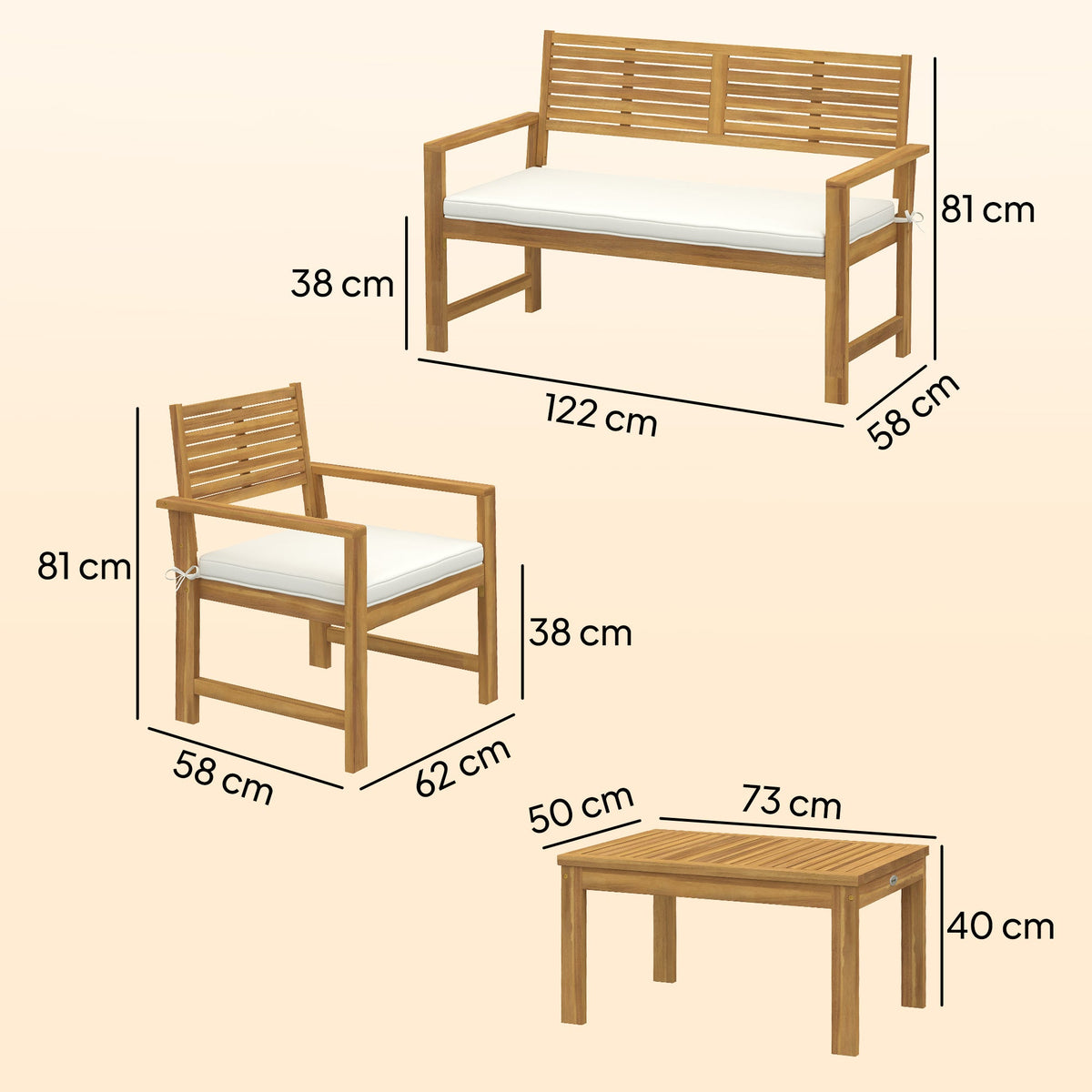 4-Seater Acacia Wood Outdoor Set with Loveseat, 2 Armchairs & Wood-Top Table, Cream — product view 5