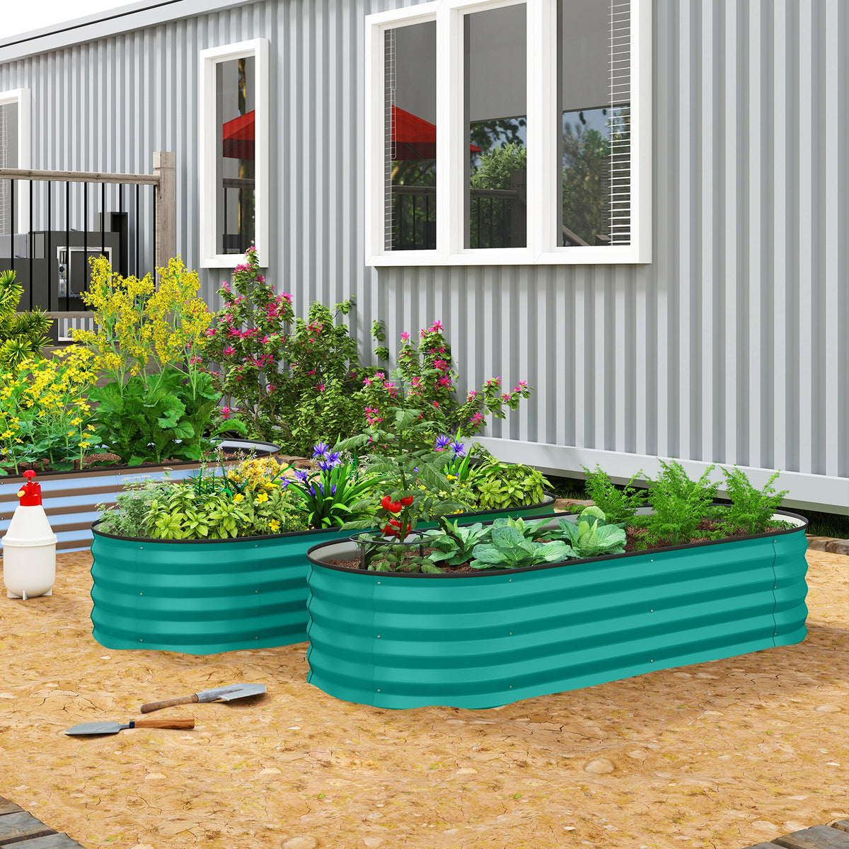 Set of 2 Galvanised Raised Beds with Stakes, 150 x 60 x 30 cm, Green — product view 3