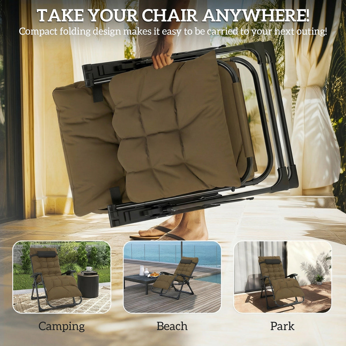 Reclining Zero Gravity Chair with Cushion and Headrest, Khaki — product view 7