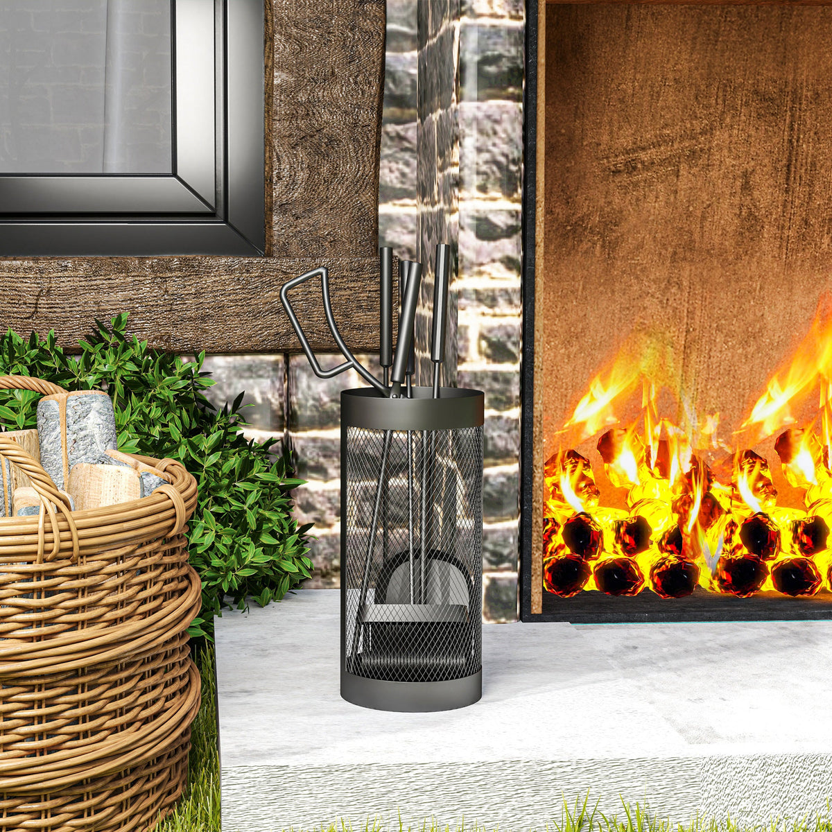 5-Piece Metal Fireplace Tool Set with Brush, Shovel, Poker, Tongs & Mesh Bucket for Indoor or Outdoor Fireplaces — product view 4