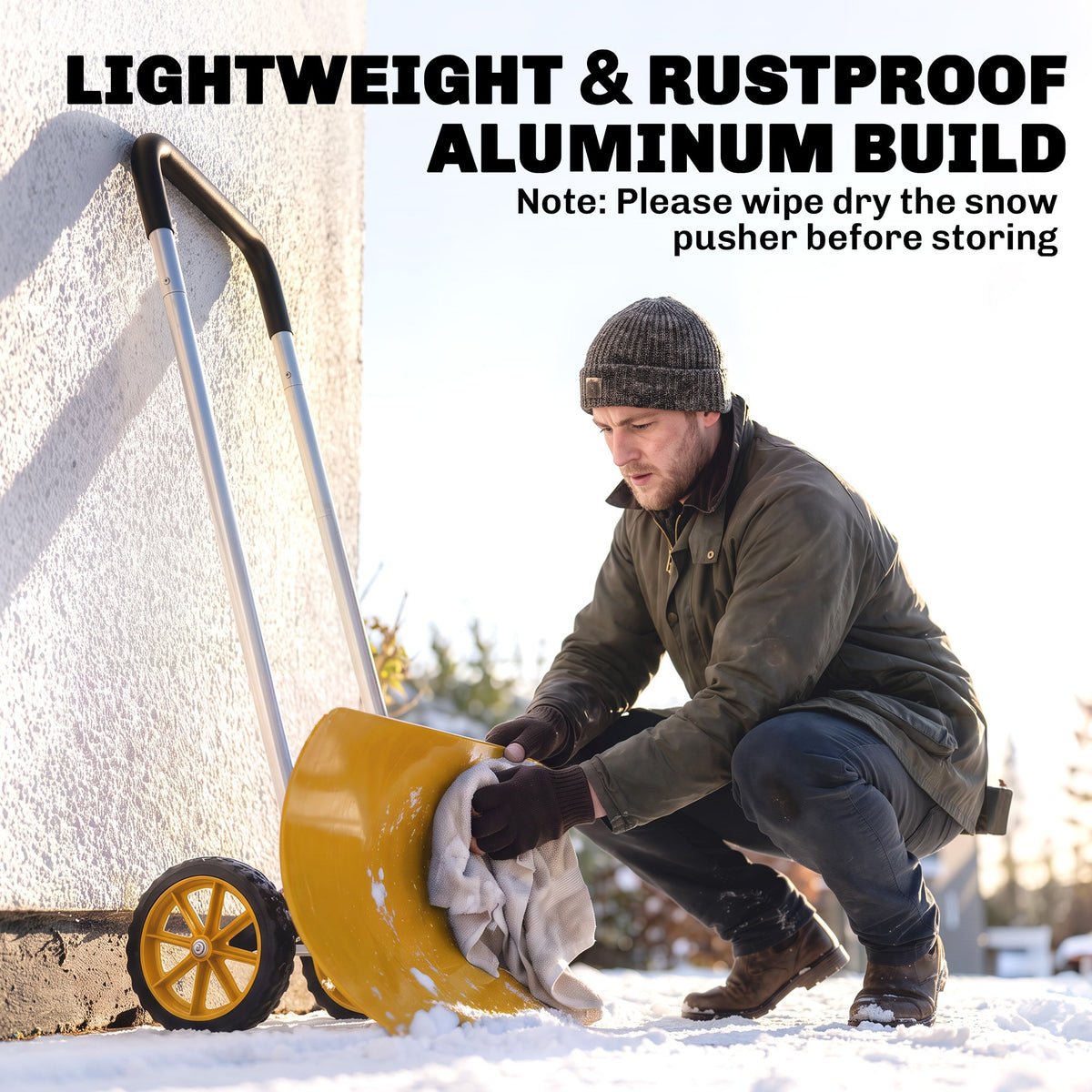 37" Extra-Wide Aluminum Snow Pusher with Wheels and Ergonomic Handle, Yellow — product view 6