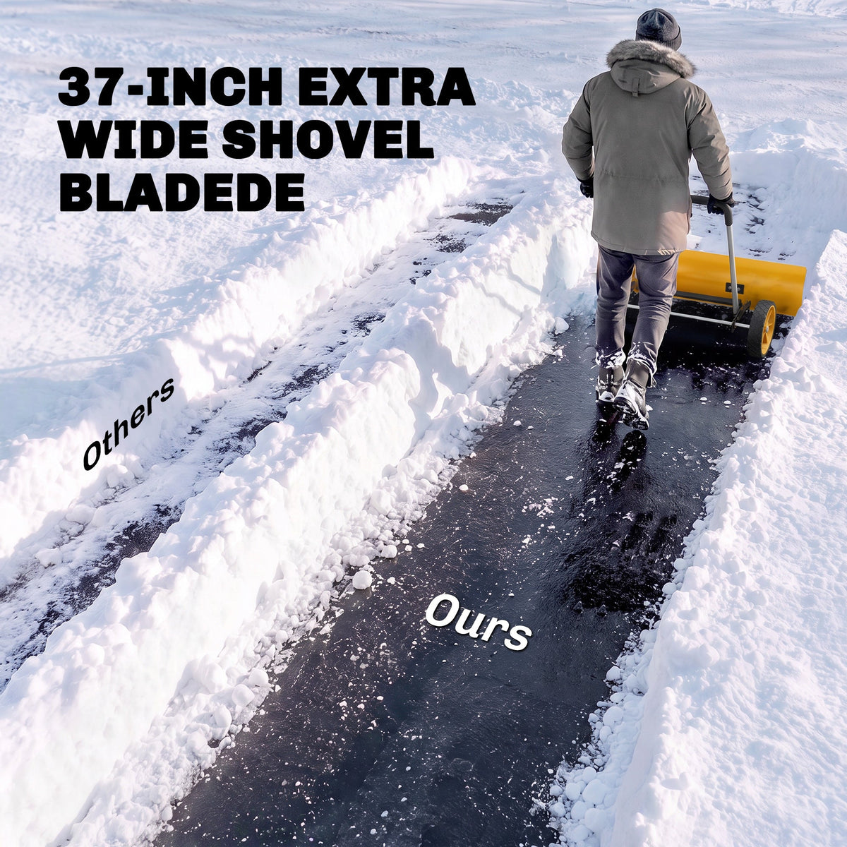 37" Extra-Wide Aluminum Snow Pusher with Wheels and Ergonomic Handle, Yellow — product view 7