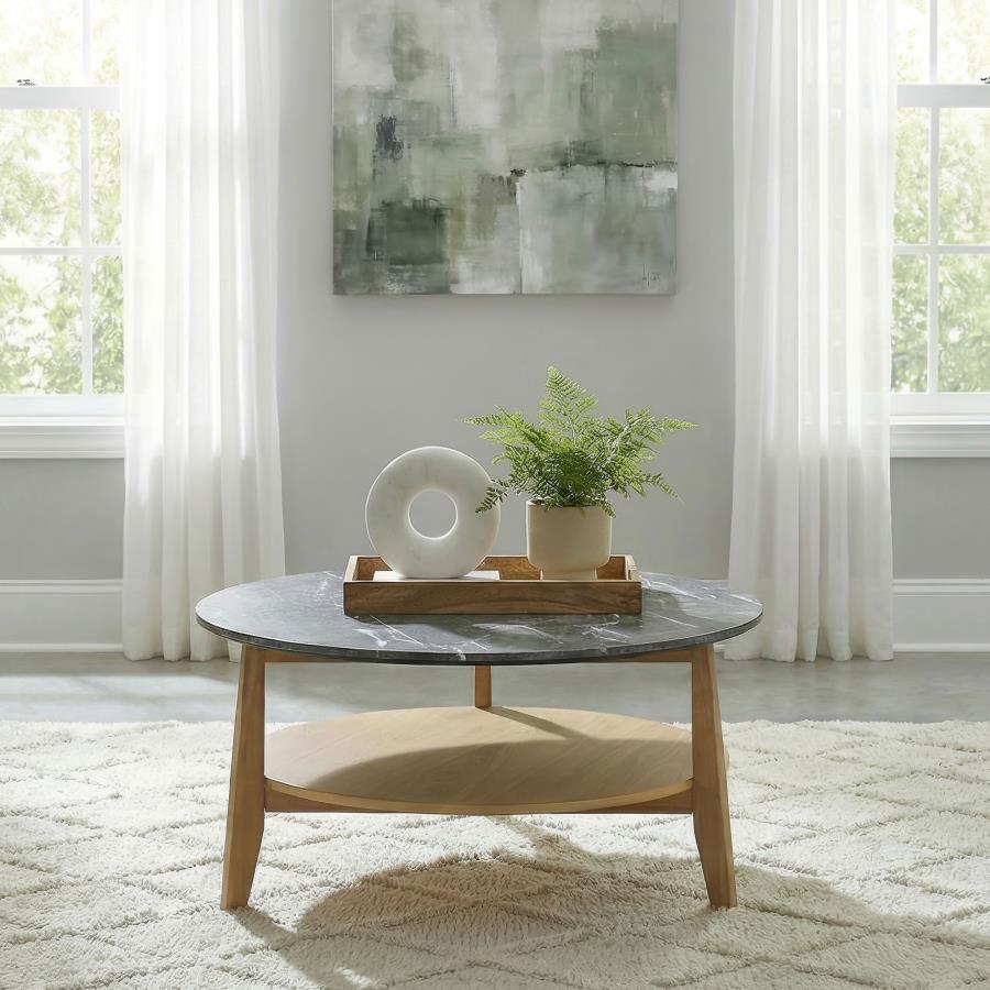 Bradley Grey Faux Marble Top Natural Wood 36" Round Coffee Table – 706448 — product view 1