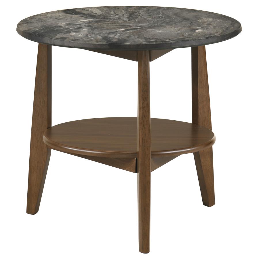 Bradley Smokey Grey Faux Marble Top Brown Wood 24" Round End Table – 706457 — product view 2