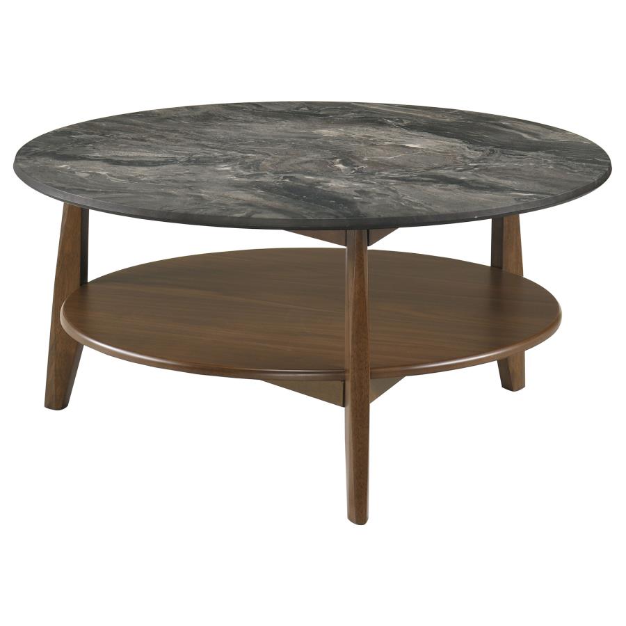 Bradley Smokey Grey Faux Marble Top Brown Wood 36" Round Coffee Table – 706458 — product view 2