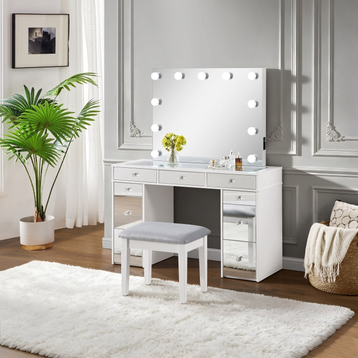 Hollywood White High Gloss Makeup Vanity Set with LED Mirror – 7138 — product view 1
