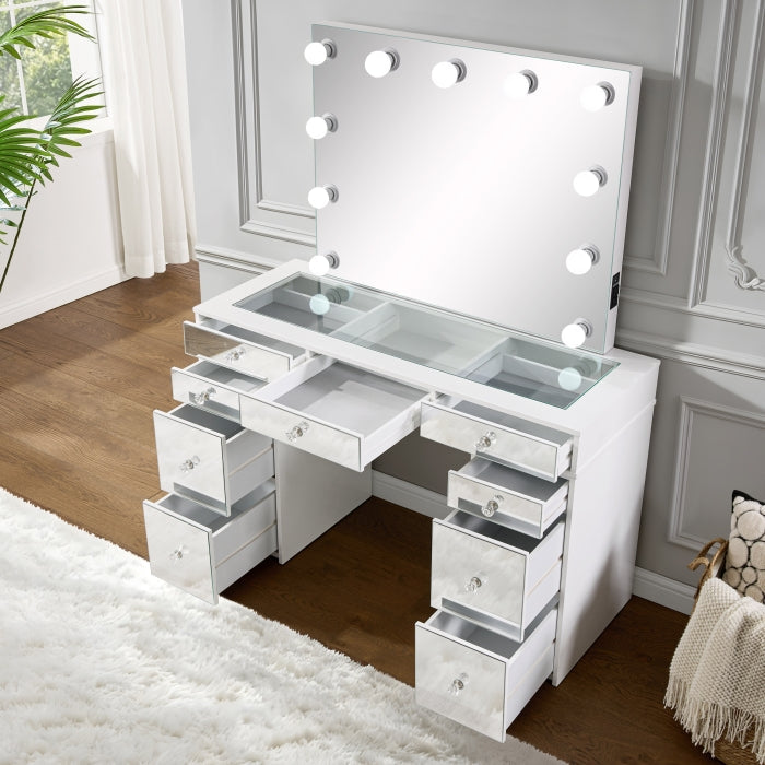 Hollywood White High Gloss Makeup Vanity Set with LED Mirror – 7138 — product view 2
