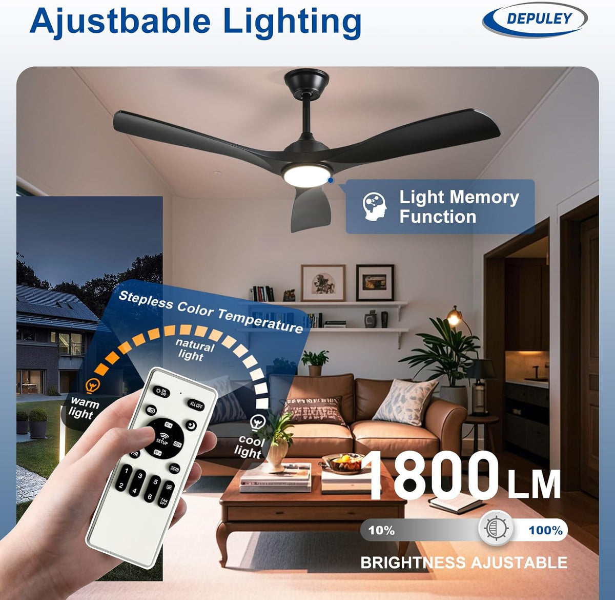 Ceiling Fan with LED Light 6-Speed DC Motor Indoor Outdoor Remote Dimmable — Black Walnut 42 to 52 Inch — product view 3