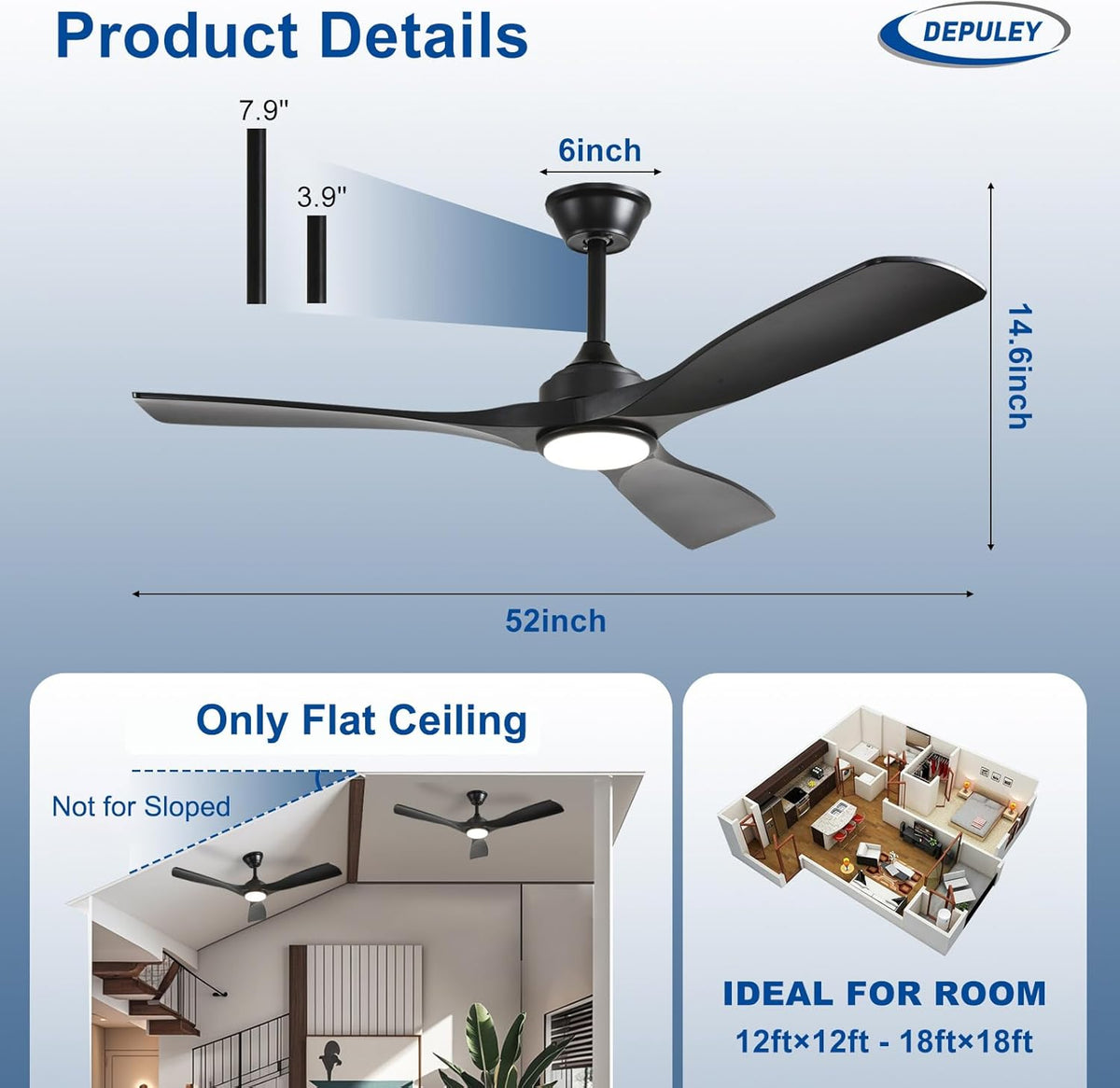 Ceiling Fan with LED Light 6-Speed DC Motor Indoor Outdoor Remote Dimmable — Black Walnut 42 to 52 Inch — product view 2