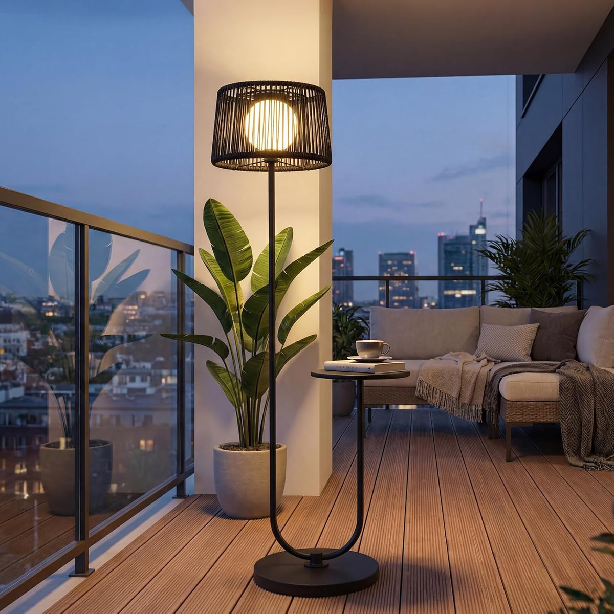 LOUNGE YARD Solar Yard Outdoor Floor Lamp with Side Table, U-Shaped Modern Metal Outdoor Lamp, 3000K Warm White, IP56 Waterproof, Patio Garden Deck Balcony Coffee Table Light, Black — product view 1