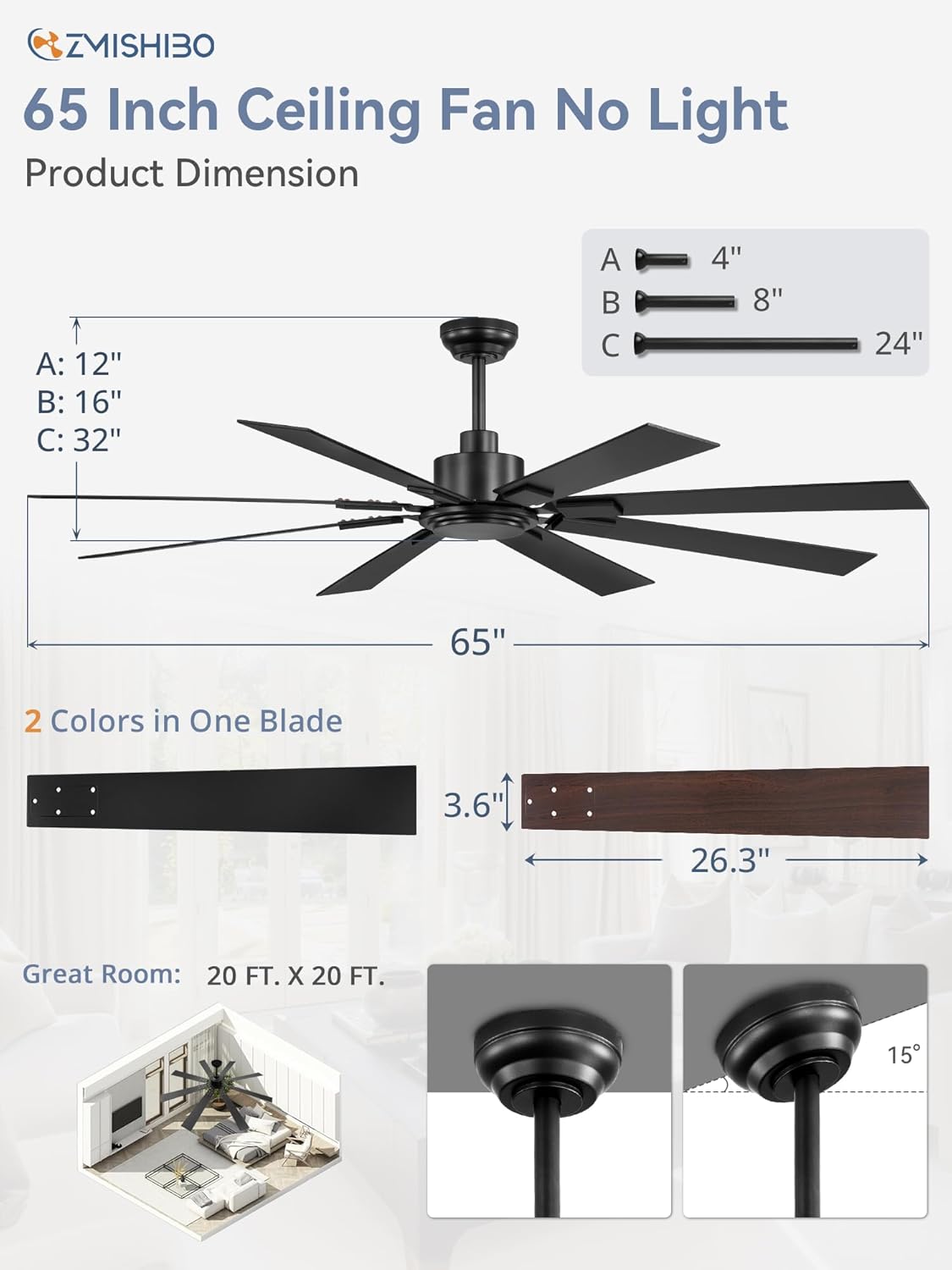 Large Ceiling Fan No Light 8-Blade Reversible DC Motor 6-Speed Indoor Outdoor Patio Living Room Garage — 52 to 72 Inch — product view 6
