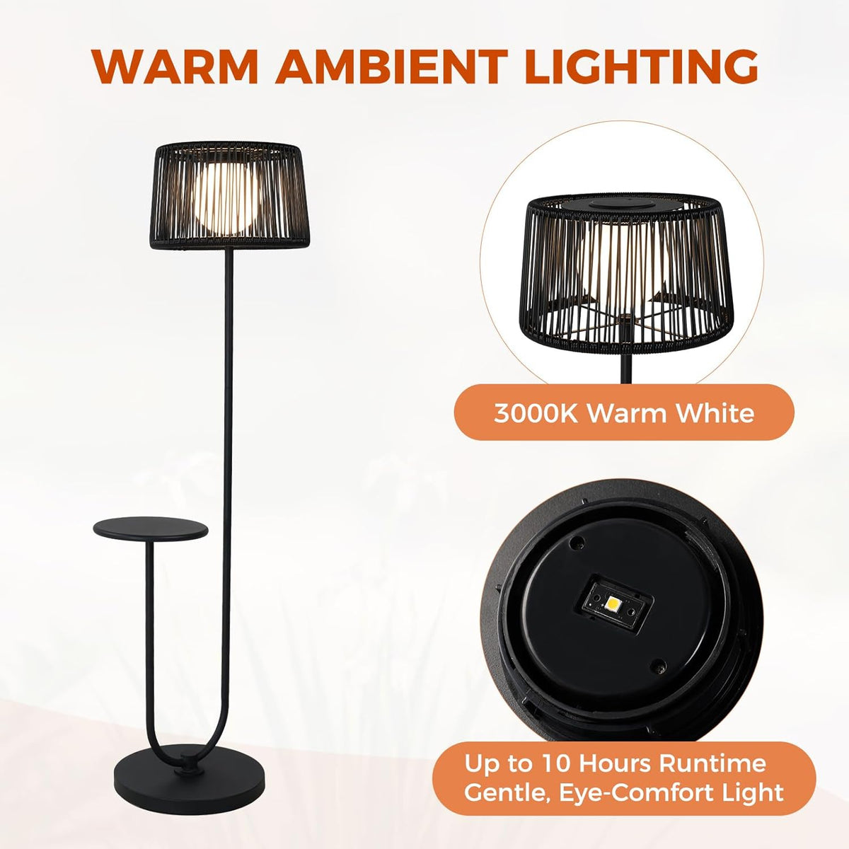 LOUNGE YARD Solar Yard Outdoor Floor Lamp with Side Table, U-Shaped Modern Metal Outdoor Lamp, 3000K Warm White, IP56 Waterproof, Patio Garden Deck Balcony Coffee Table Light, Black — product view 3