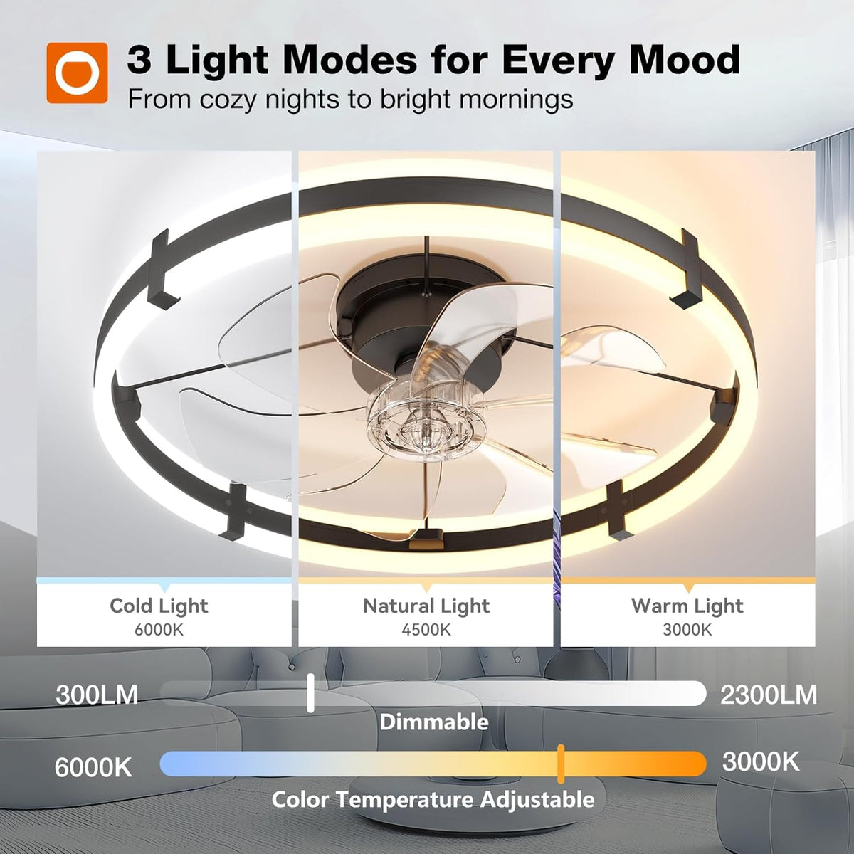 Small Flush Mount Ceiling Fan with LED Light 3000-6000K Dimmable Remote Fandelier Bedroom Kitchen — 20 to 24 Inch — product view 3