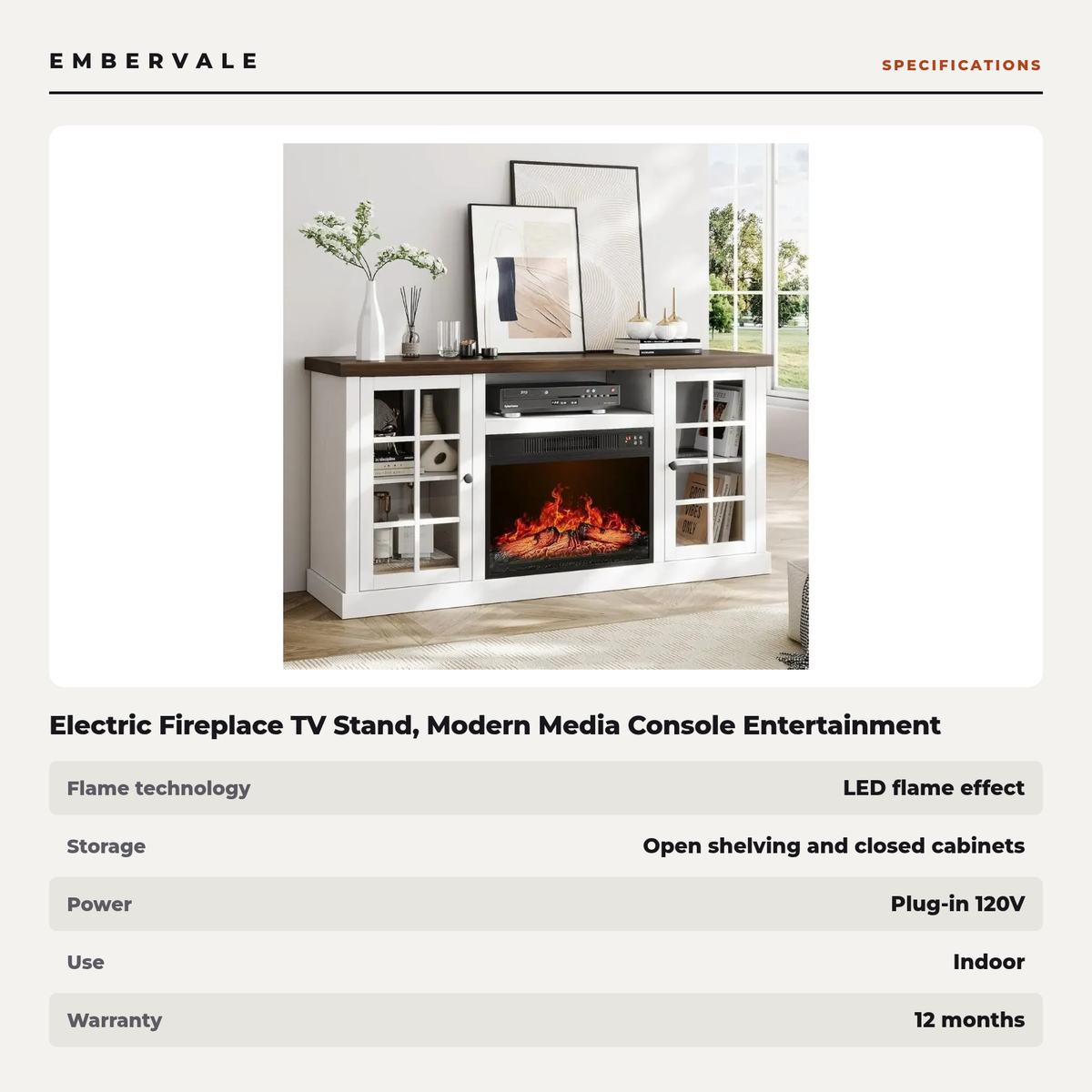 Electric Fireplace TV Stand, Modern Media Console Entertainment Center, Storage Cabinets for Living Rooms — product view 4