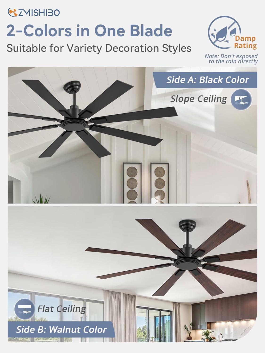 Large Ceiling Fan No Light 8-Blade Reversible DC Motor 6-Speed Indoor Outdoor Patio Living Room Garage — 52 to 72 Inch — product view 3