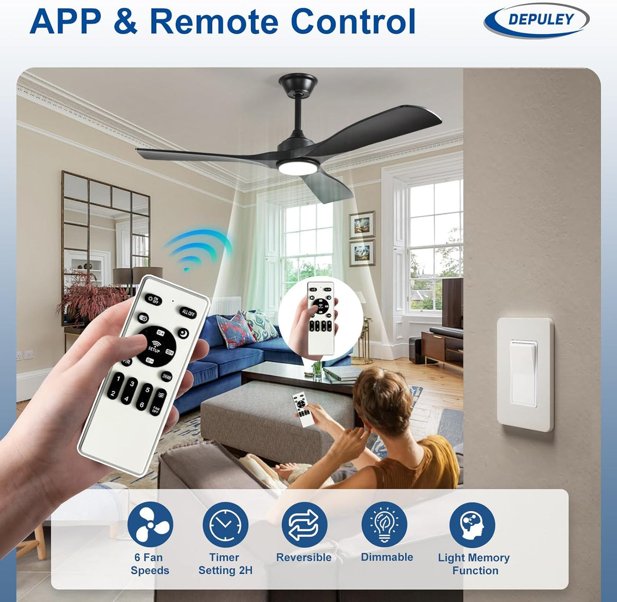 Ceiling Fan with LED Light 6-Speed DC Motor Indoor Outdoor Remote Dimmable — Black Walnut 42 to 52 Inch — product view 5