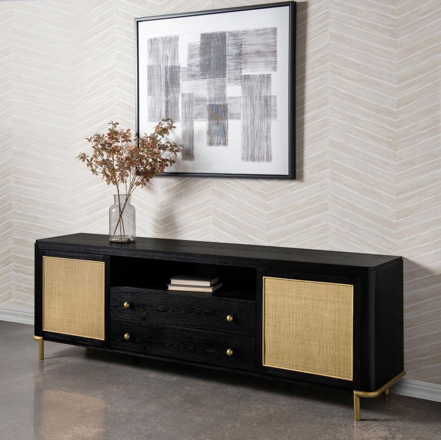 Arini Black Natural Wood 79" 2-Door Cane Modern TV Stand – 720263 — product view 1