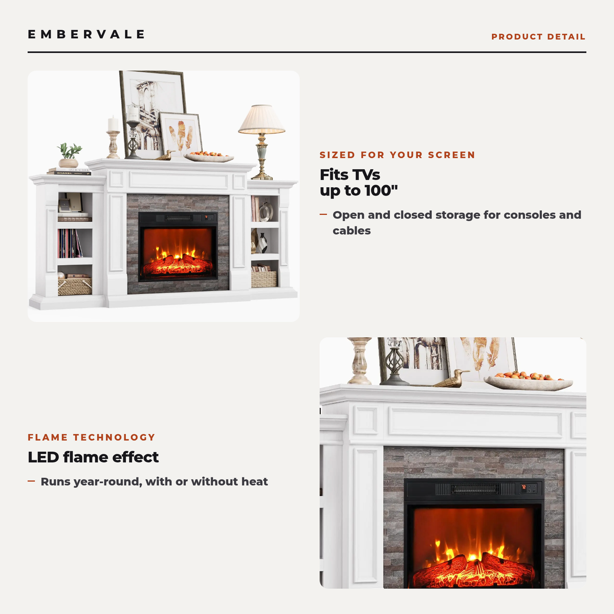 Electric Fireplace TV Stand for TVs up to 100 Inch, Farmhouse Media Console Entertainment Center, Adjustable LED Flame for Living Rooms — product view 2