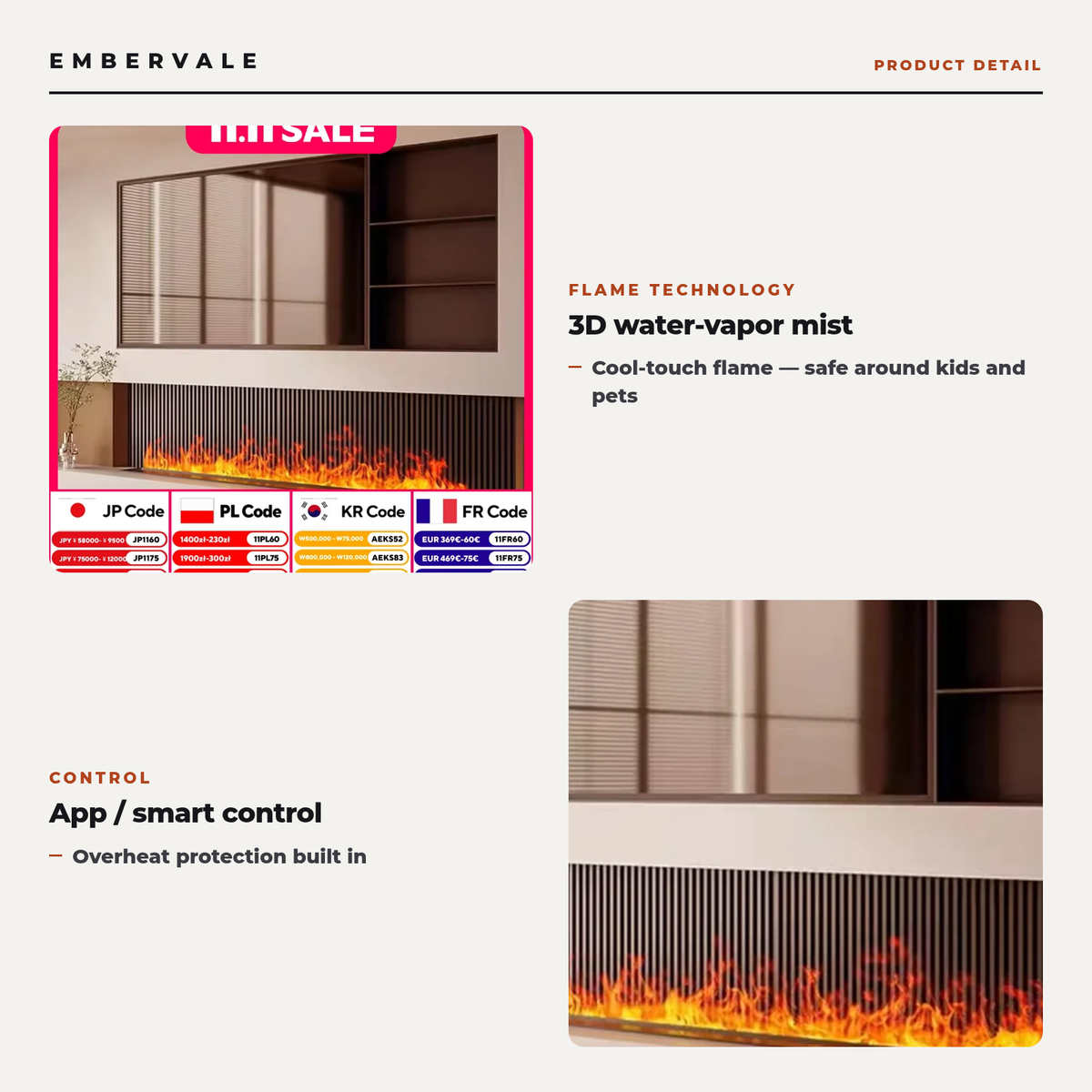 Smart Atomizing Vapor Fireplace with App Control, Multi-Color 3D Mist Flame Electric Fireplace for Media Walls — product view 2