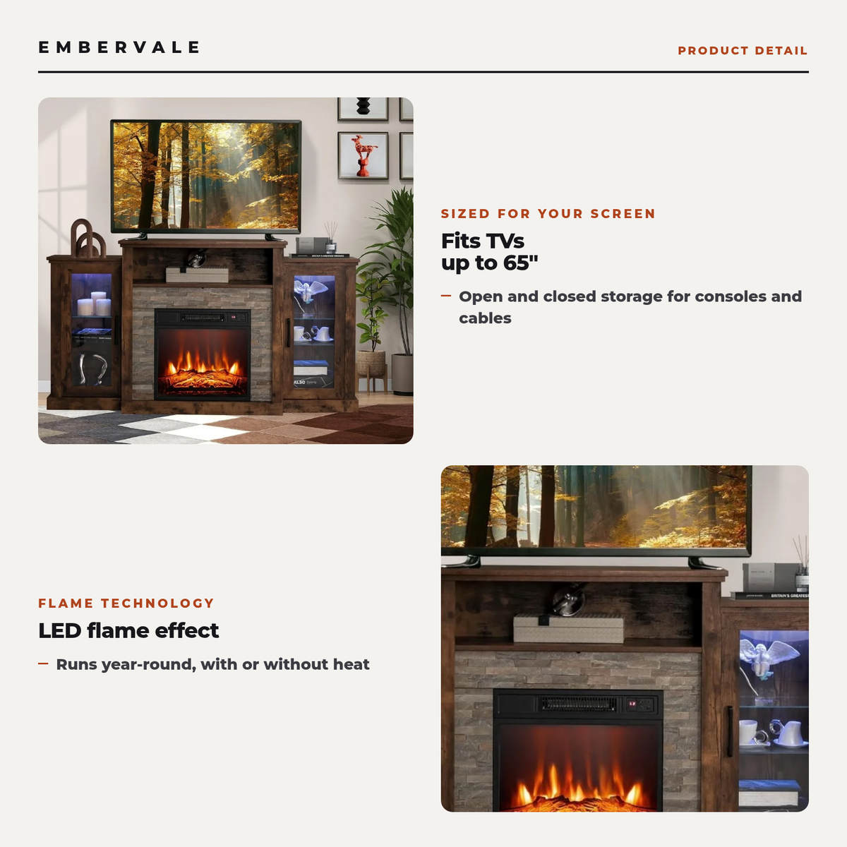 Electric Fireplace TV Stand for TVs up to 65 Inch, Modern Media Console Entertainment Center, Storage Cabinets, Adjustable LED Flame for Living Rooms — product view 2