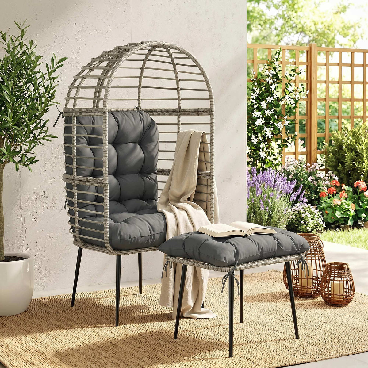 Standing PE Rattan Egg Chair with Footstool and Thick Cushions, Light Grey — product view 3
