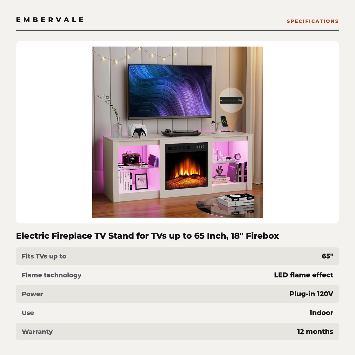 Electric Fireplace TV Stand for TVs up to 65 Inch, 18" Firebox, Modern Media Console Entertainment Center, Adjustable LED Flame for Living Rooms — product view 3