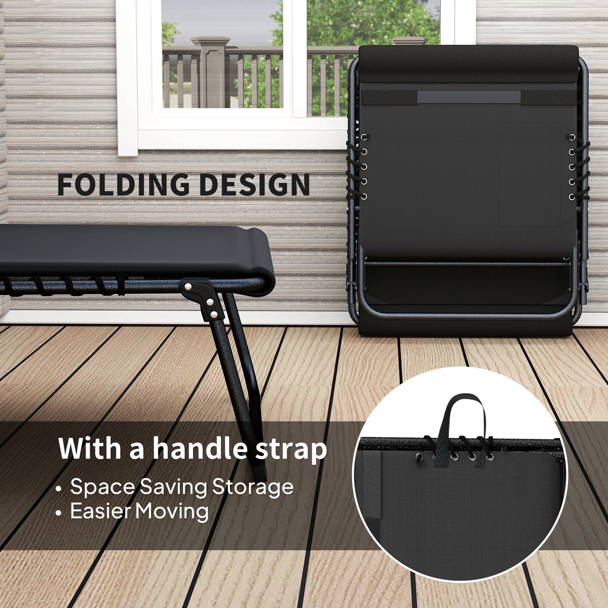 Set of 2 Folding Sun Loungers with Headrest & Side Pocket, Black — product view 7