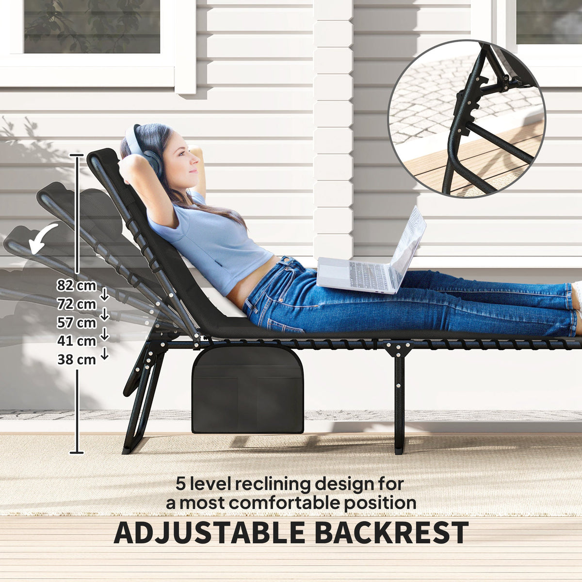 Set of 2 Folding Sun Loungers with Headrest & Side Pocket, Black — product view 6