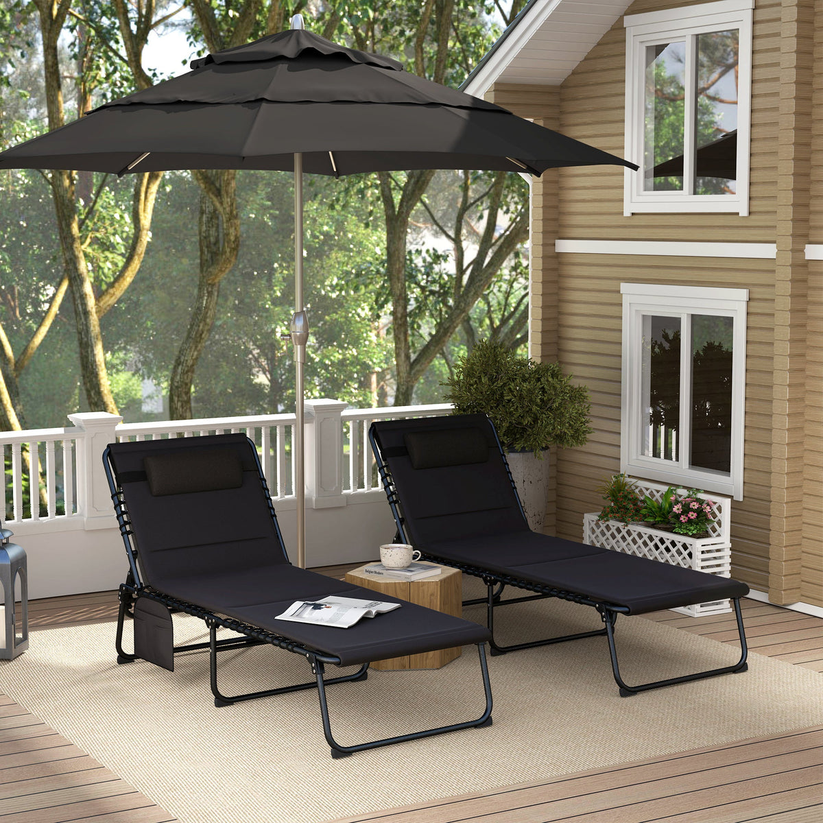 Set of 2 Folding Sun Loungers with Headrest & Side Pocket, Black — product view 4