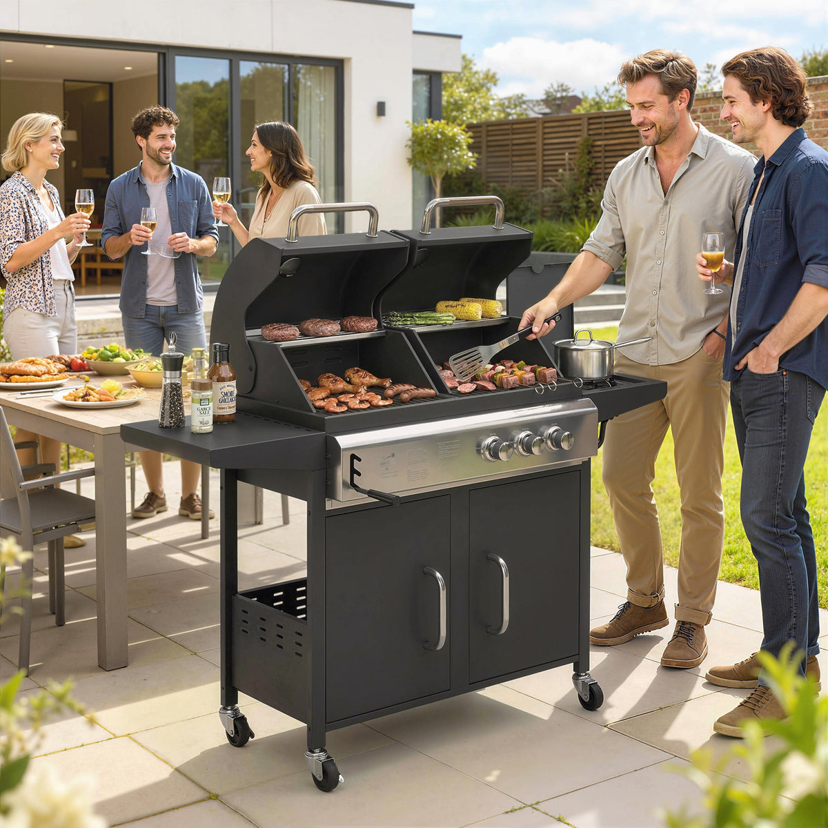 2+1 Burner Hybrid Dual Fuel BBQ Grill with Cabinet, Black — product view 4