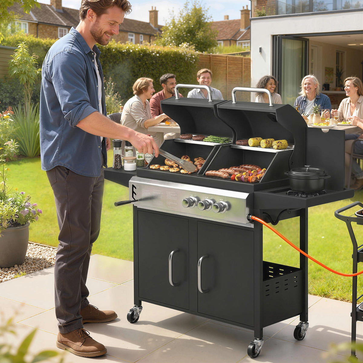 2+1 Burner Hybrid Dual Fuel BBQ Grill with Cabinet, Black — product view 3
