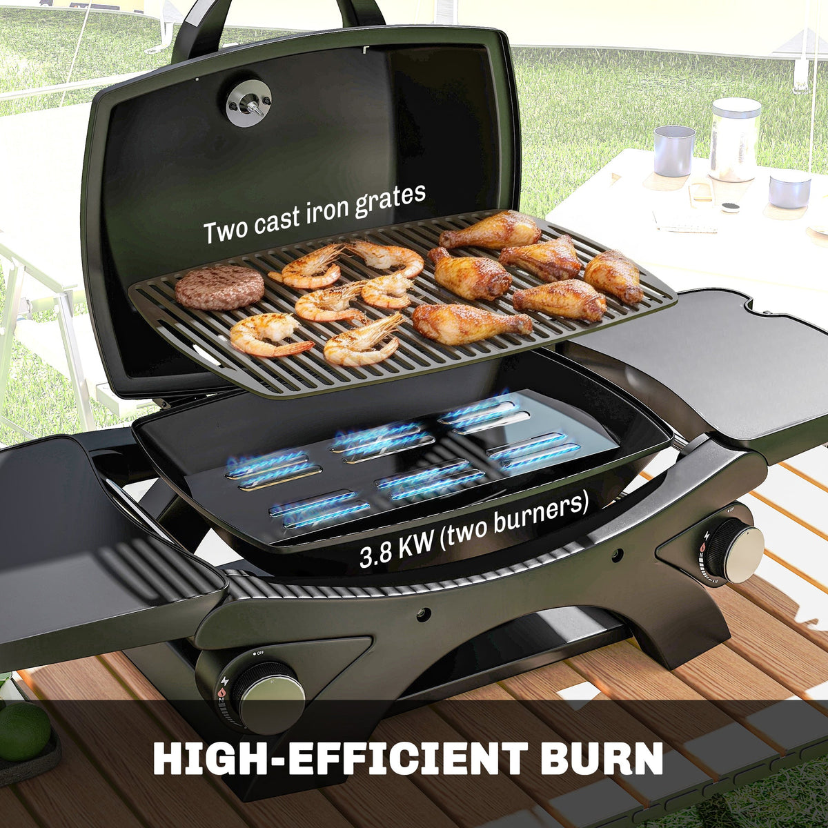 2 Burner Gas Grill with 2 Side Tables and Cast Iron Grates, Black — product view 6