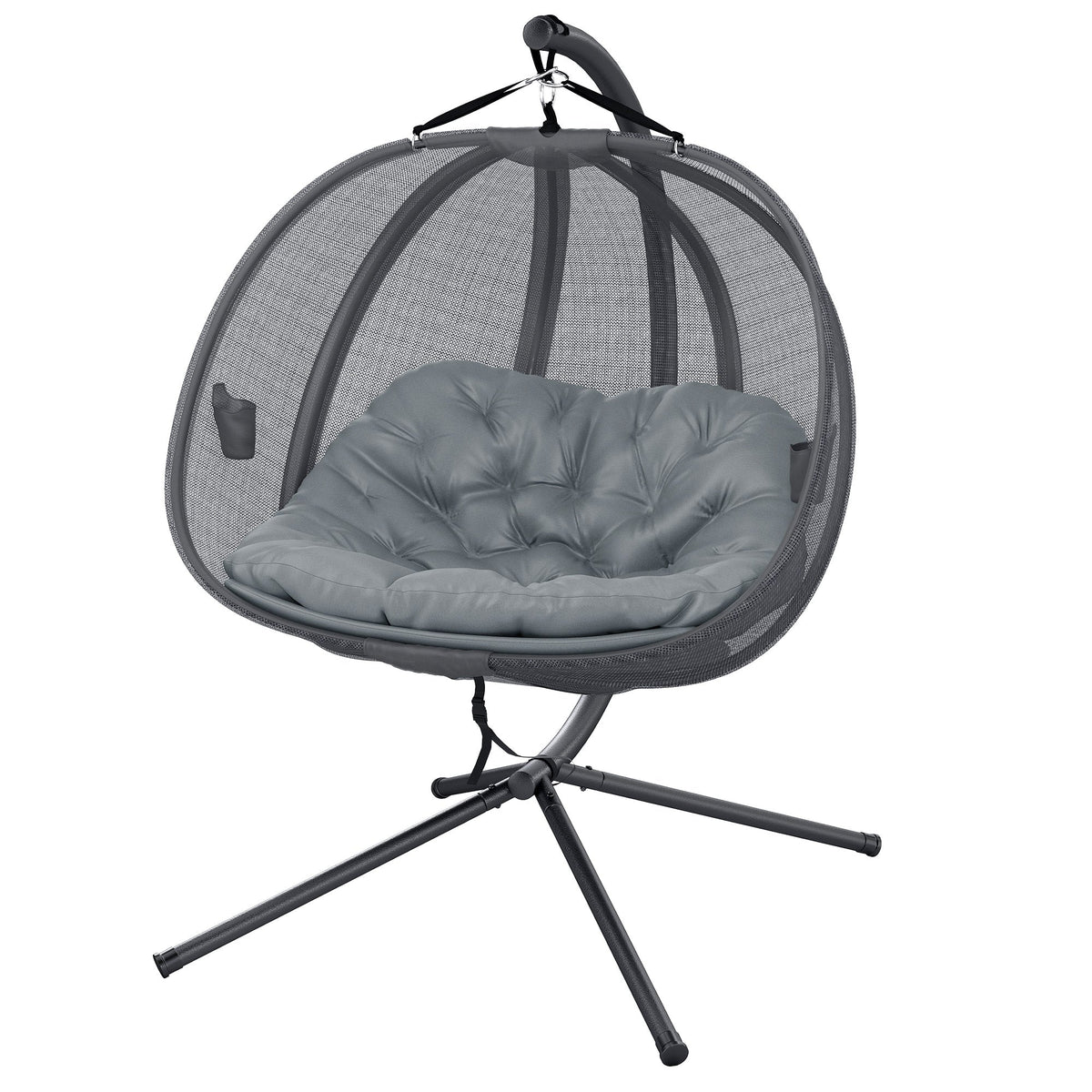 Double Egg Chair with Stand, 2 Person Hanging Swing Egg Chair Outdoor Indoor, 528 LBS Capacity Loveseat Hammock Swing with Cushion, Pockets, Grey — product view 2