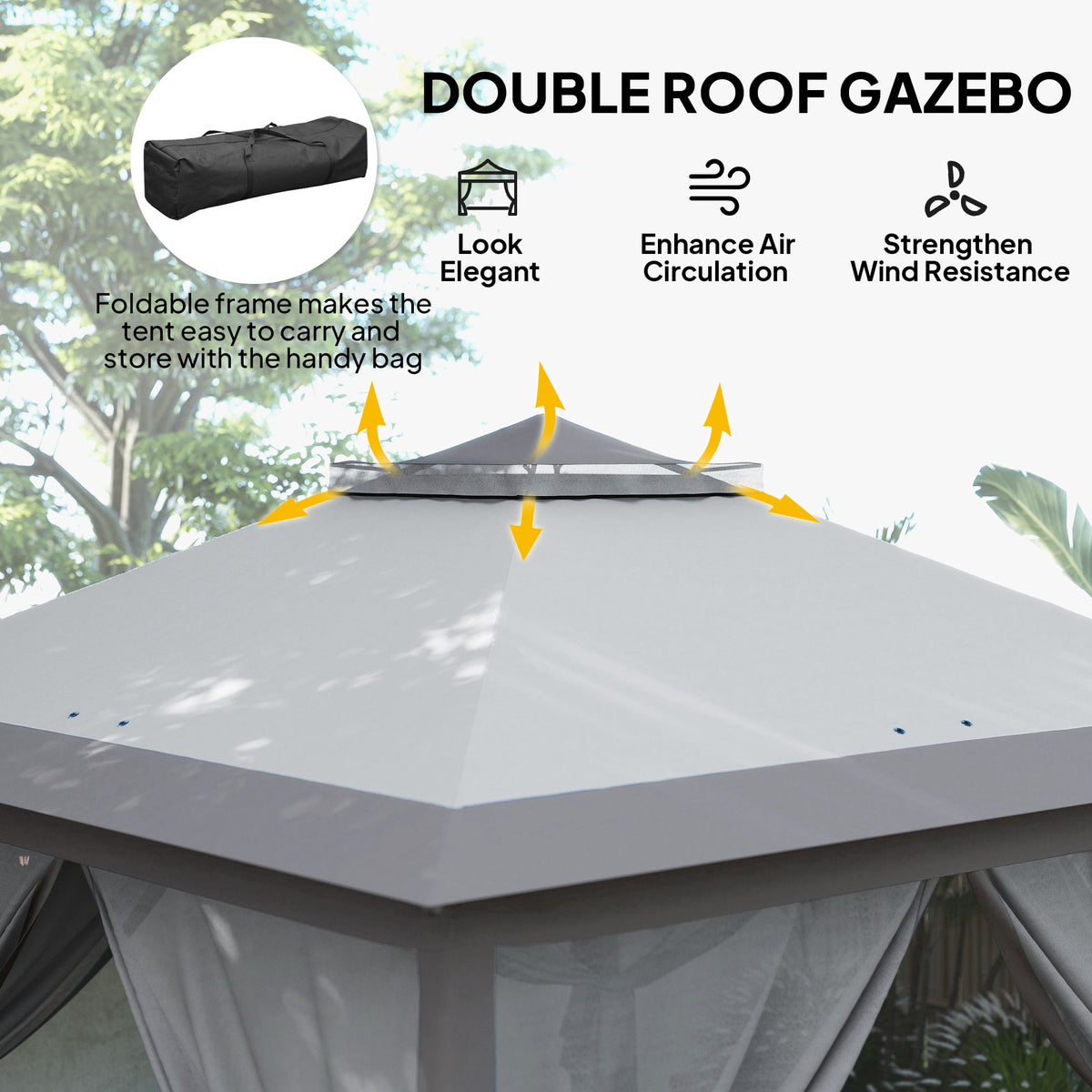11' x 11' Pop Up Canopy with Double Roof and Mesh Sidewalls, Light Grey — product view 6