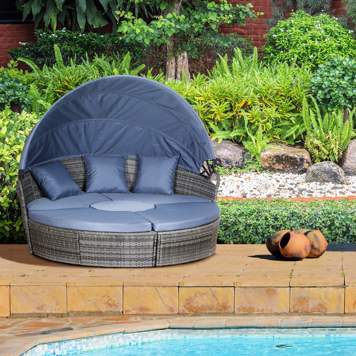 Round PE Rattan Daybed Set with Retractable Canopy, Table & Pillows, Grey/Blue Grey — product view 3