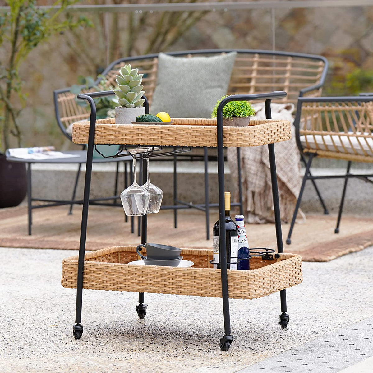 LOUNGE YARD Outdoor & Indoor PE Wicker Steel 2-Tier Rolling Bar Beverage Cart Vaxjo Natural Color — product view 5