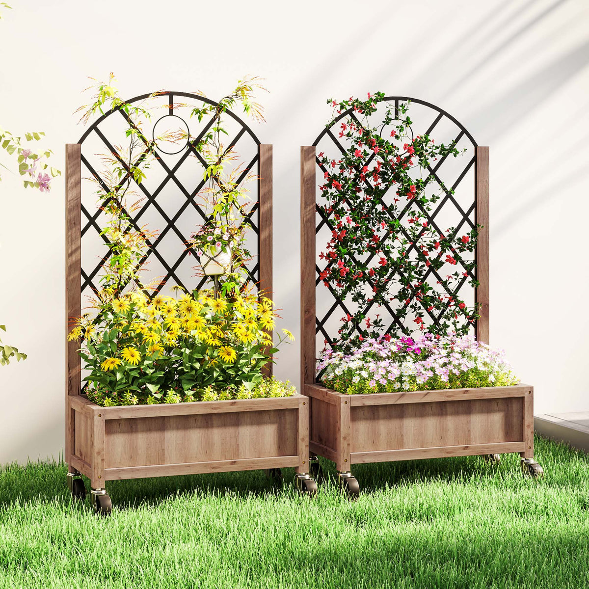 2 Pack Raised Garden Beds with Metal Trellis, Wheels and Drainage, Brown — product view 4