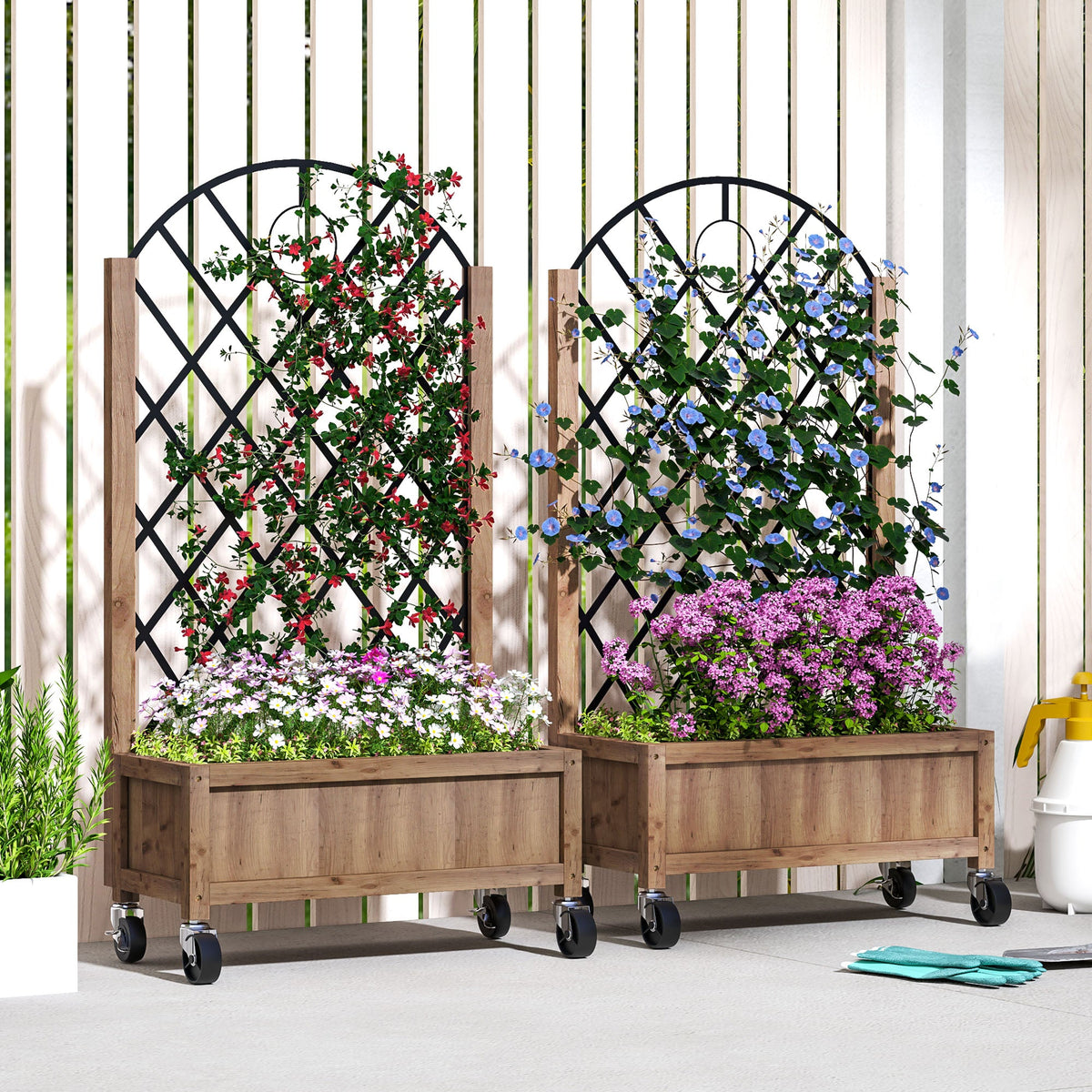 2 Pack Raised Garden Beds with Metal Trellis, Wheels and Drainage, Brown — product view 3