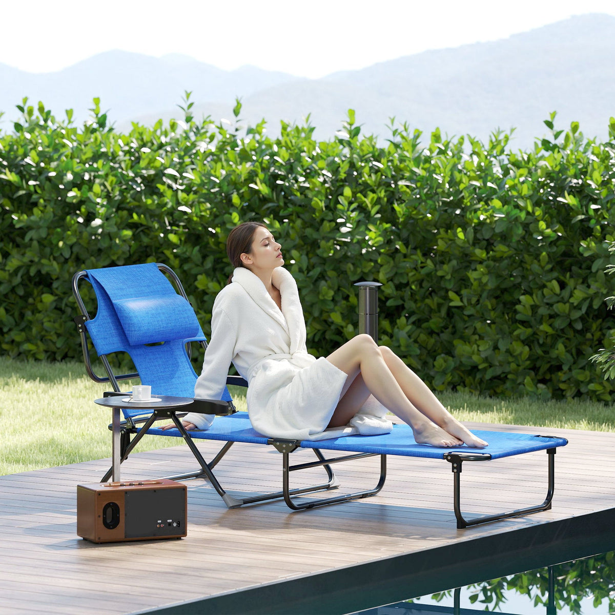 Folding Lounge Chair with Reading Hole and Headrest, Dark Blue — product view 3