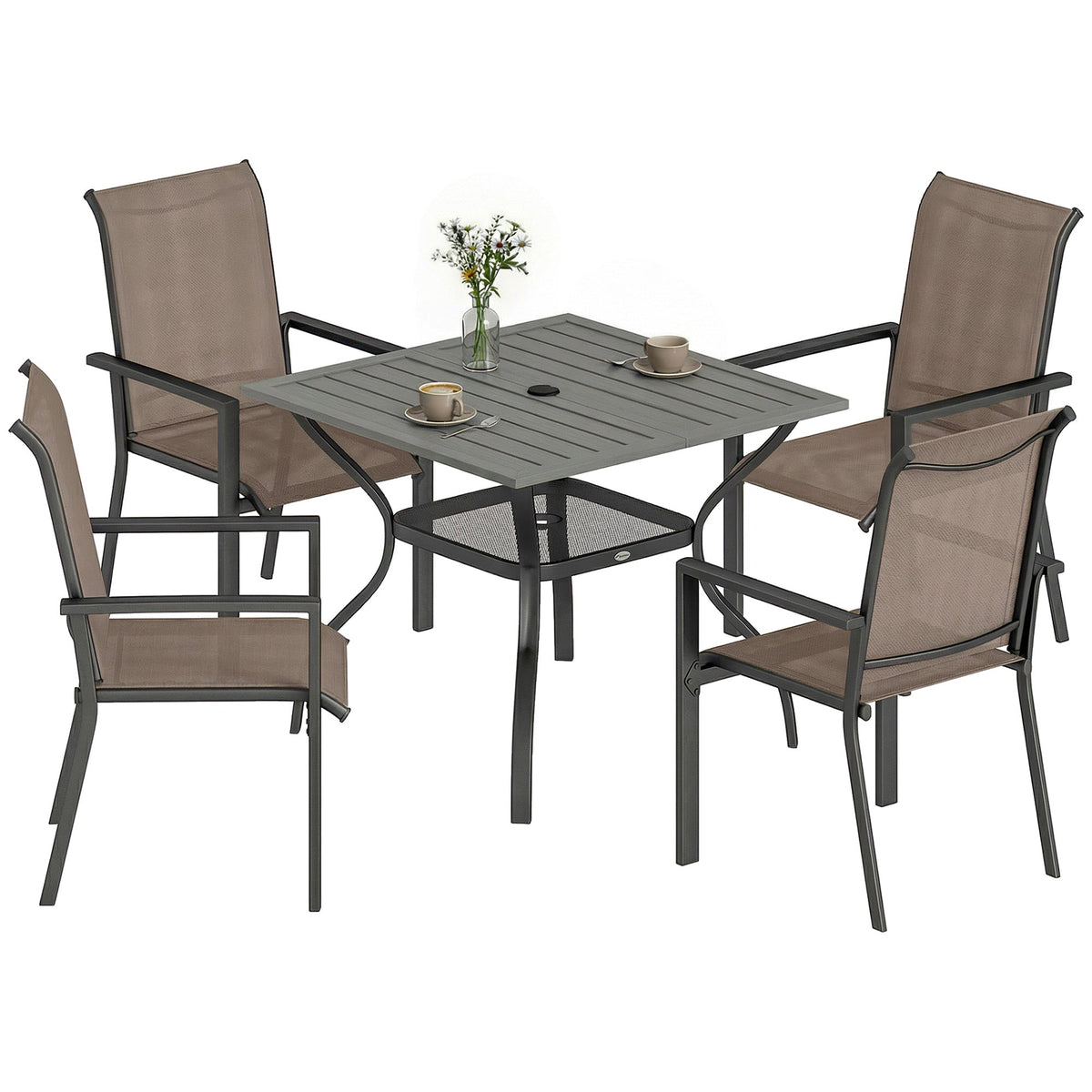 5 Piece Garden Dining Set with Stackable Chairs and Parasol Hole, Grey/Khaki — product view 1